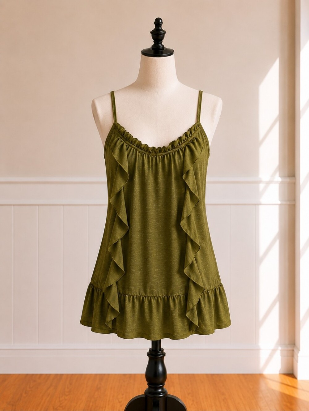 𝘾𝙇𝙀𝘼𝙍𝘼𝙉𝘾𝙀 Xhiliration Olive Green Ruffle Trim Women's Top